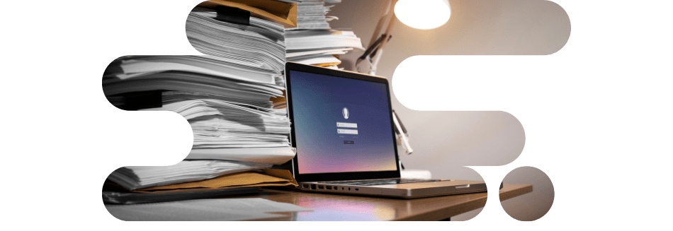 Contraste entre une pile imposante de dossiers papier et un ordinateur portable, symbolisant la transition vers la facturation électronique imposée par la Loi de Finances 2026 entreprise.