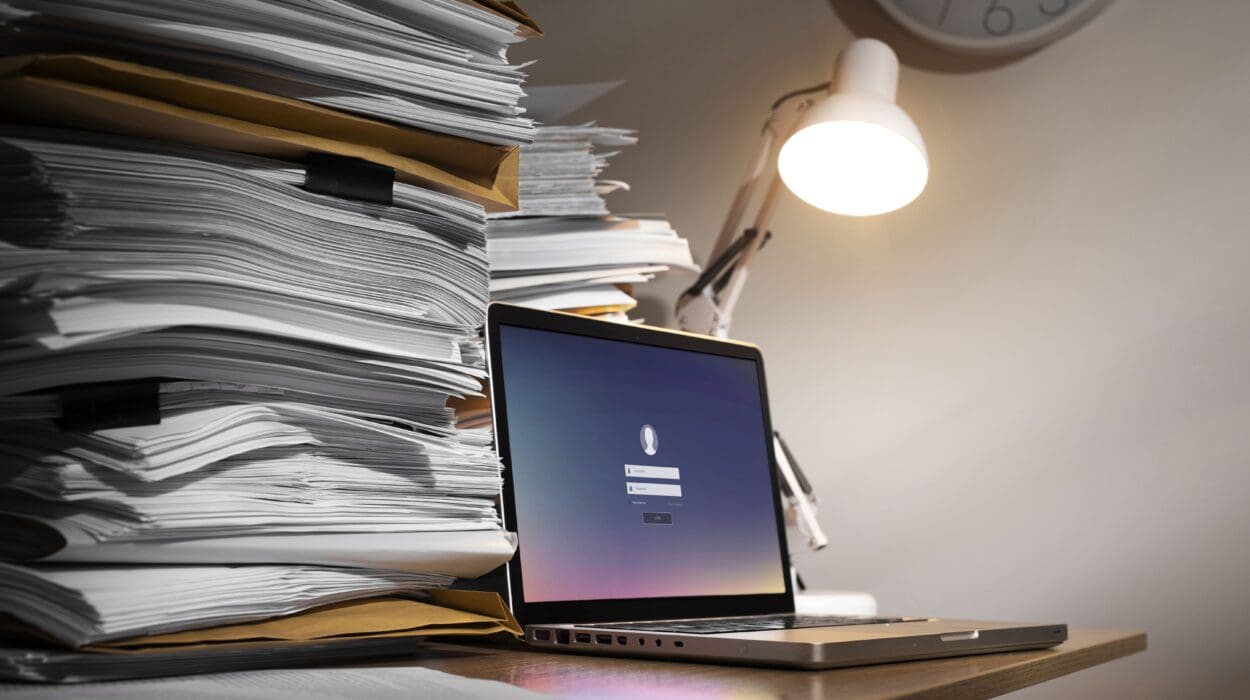 Contraste entre une pile imposante de dossiers papier et un ordinateur portable, symbolisant la transition vers la facturation électronique imposée par la Loi de Finances 2026 entreprise.